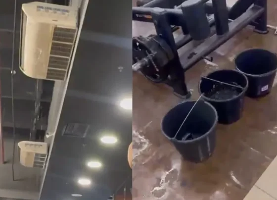 Imagens mostram baldes espalhados para captar água do ar condicionado