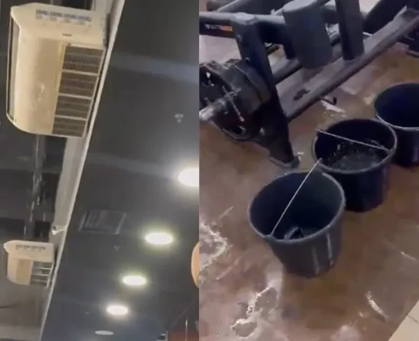 Imagens mostram baldes espalhados para captar água do ar condicionado